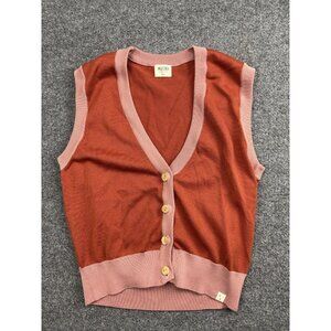 Matona Sweater Vest Womens Medium Orange Pink Organic Cotton Button Front V Neck